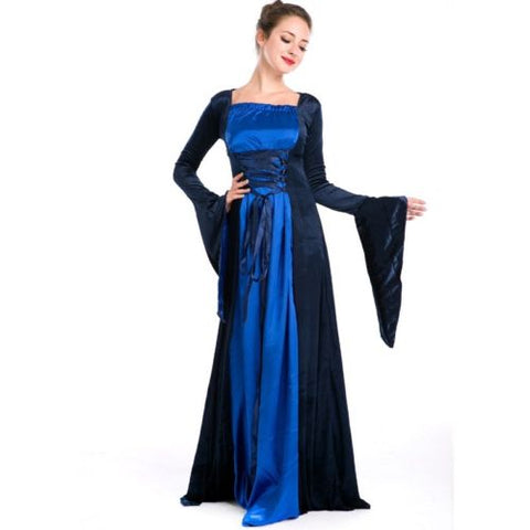 Renaissance Medieval Maid Marian Gown Dress Blue Gold Satin Corset Costume S M